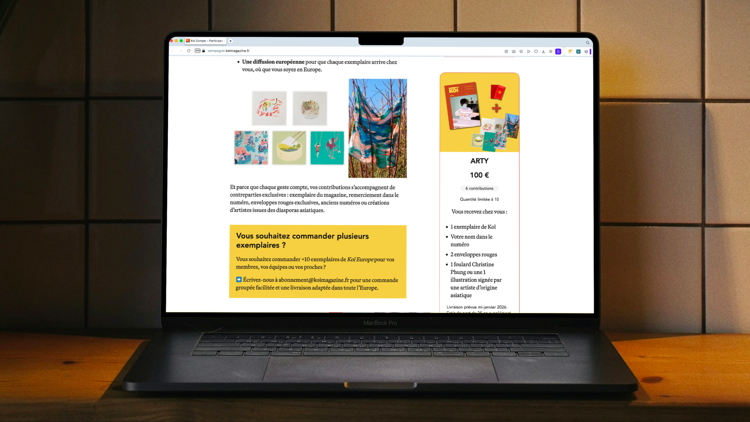 Overview of the campaign page, with the pitch section on the left (text, images, callout boxes…) and the rewards on the right.