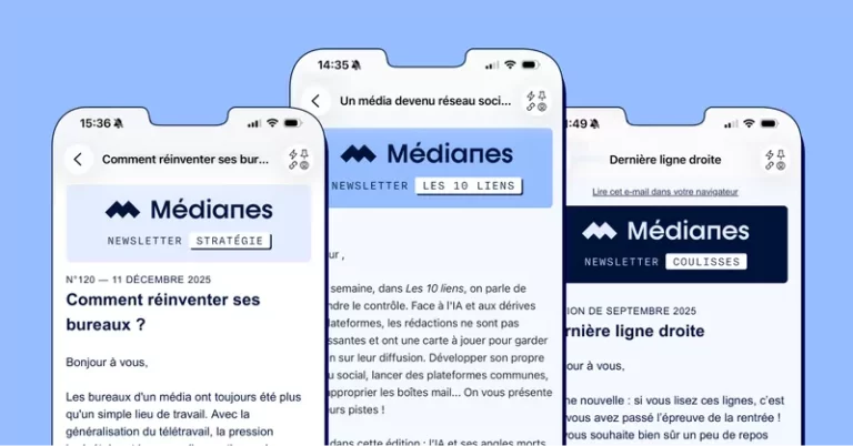The Coulisses, Stratégie, and Les 10 liens de Médianes newsletters displayed on three smartphones.